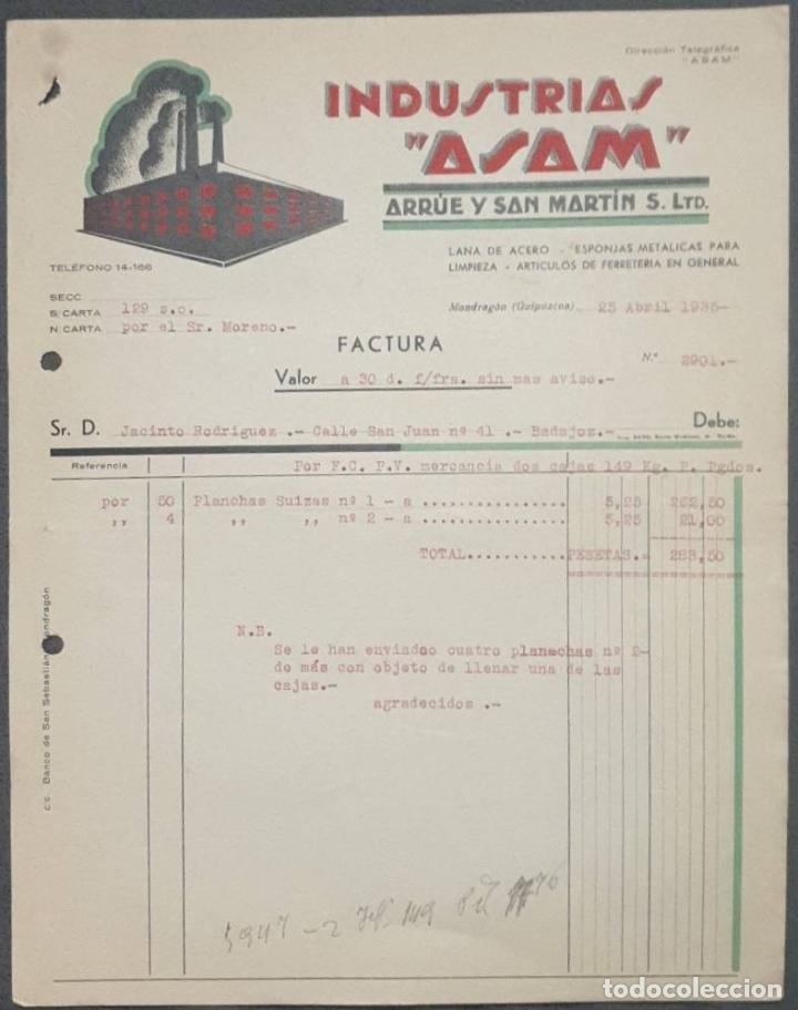 Old Invoices: Factura. Arr&uacute;e y San Mart&iacute;n S. Ltd. Industrias Asam. Lana de acero. Guip&uacute;zcoa. Espa&ntilde;a 1935