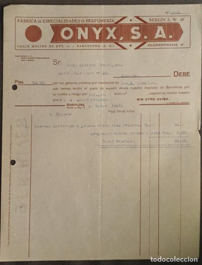 Old Invoices: Factura. Onyx S.A. F&aacute;brica de especialidades de perfumer&iacute;a. Barcelona. Espa&ntilde;a 1930