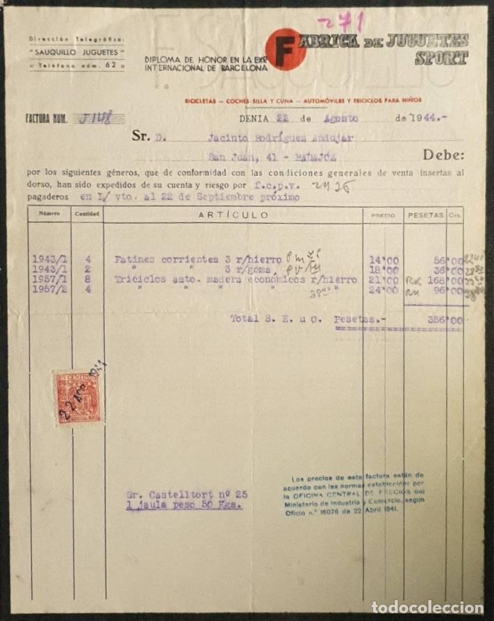 Factures anciennes: Factura. F. Sauquillo. F&aacute;brica de juguetes Sport. Denia. Espa&ntilde;a 1944