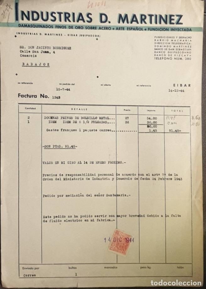 Facturas antiguas: Factura. Industrias D. Martinez. Damasquinados finos oro sobre acero. Eibar. Espa&ntilde;a 1944