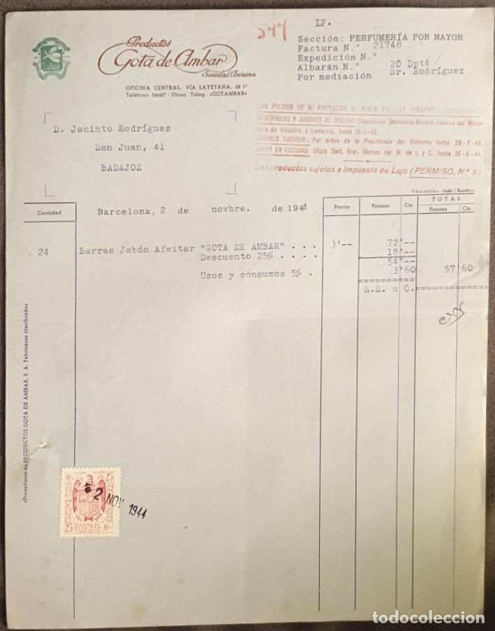 Facturas antiguas: Factura. Productos Gota de &aacute;mbar. Perfumer&iacute;as. Barcelona. Espa&ntilde;a 1944