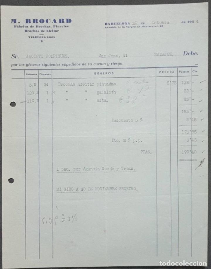 Alte Rechnungen: Factura. M. Brocard. F&aacute;brica de brochas, pinceles. Barcelona. Espa&ntilde;a 1934