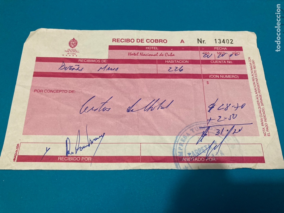 Facturas antiguas: Recibo de cobro Hotel nacional de Cuba - Foto 1