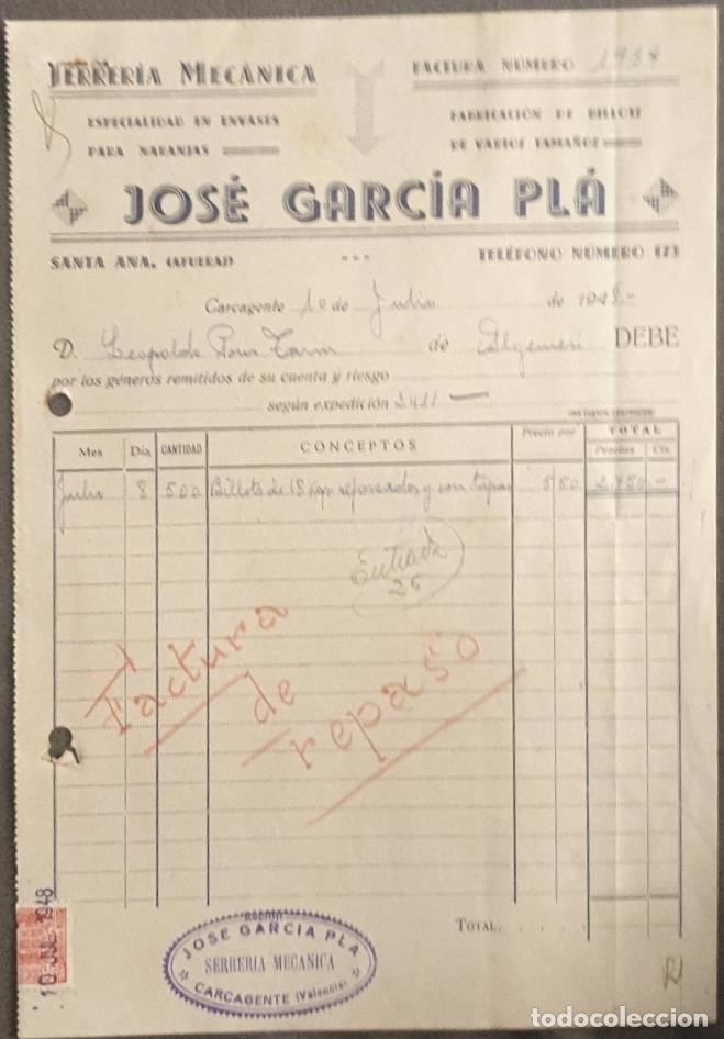 Alte Rechnungen: Factura. Jos&eacute; Garc&iacute;a Pl&aacute;. Serrer&iacute;a mec&aacute;nica. Carcagente. Espa&ntilde;a 1948