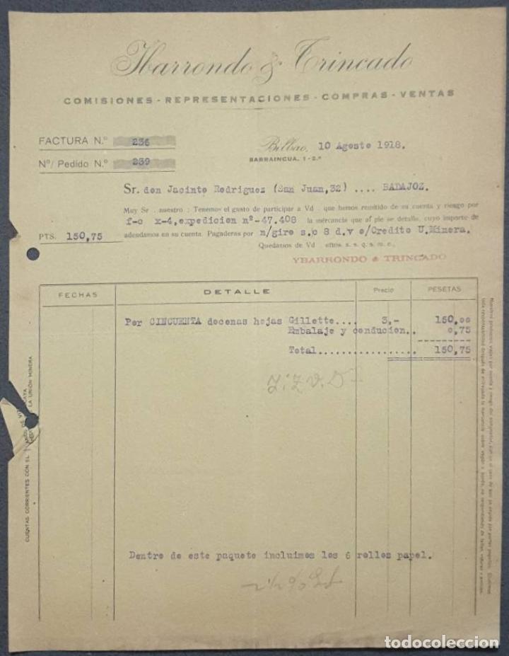 Alte Rechnungen: Factura. Ibarrondo y Trincado. Comisiones-Representaciones-compras-ventas. Bilbao. Espa&ntilde;a 1918