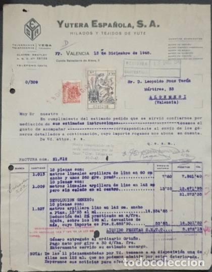 Faturas antigas: Factura. Yutera Espa&ntilde;ola S.A. Hilados y Tejidos de yute. Valencia. Espa&ntilde;a 1948