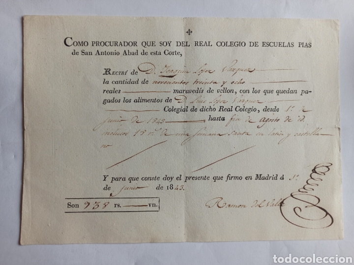 Factures anciennes: Real Colegio de Escuelas P&iacute;as. Madrid 1843.