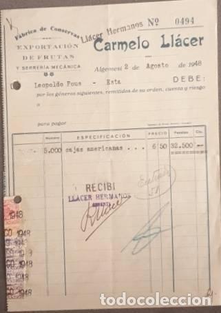Facturas antiguas: Factura. Carmelo Ll&aacute;cer. F&aacute;brica de conservas-Exportaci&oacute;n de frutas. Algemes&iacute;. Espa&ntilde;a 1948