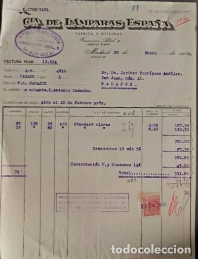 Old Invoices: Factura. C&iacute;a. de L&aacute;mparas Espa&ntilde;a. F&aacute;brica y oficinas. Madrid. Espa&ntilde;a 1949