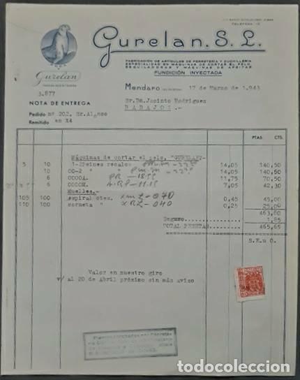 Old Invoices: Factura. Gurelan S.L. Fabricaci&oacute;n art&iacute;culos de Ferreter&iacute;a y cuchiller&iacute;a. Mendaro. Espa&ntilde;a 1943