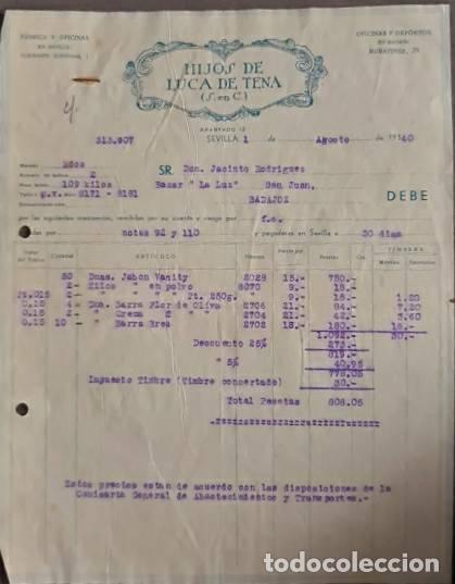 Old Invoices: Factura. Hijos de Luca de Tena S.en C. Grandes f&aacute;bricas de jabones y aceites. Sevilla. Espa&ntilde;a 1940