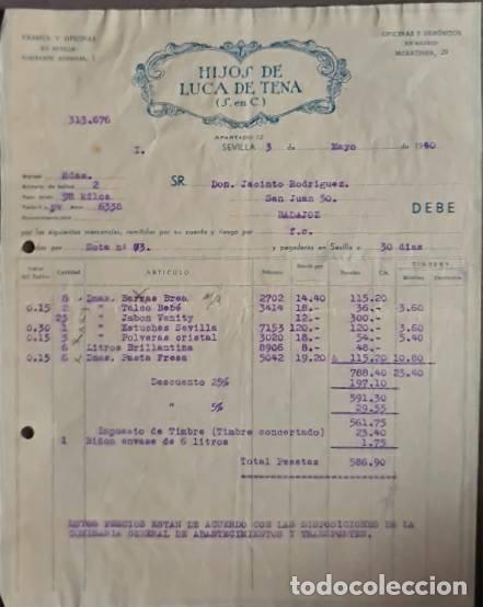 Old Invoices: Factura. Hijos de Luca de Tena S.en C. Grandes f&aacute;bricas de jabones y aceites. Sevilla. Espa&ntilde;a 1940