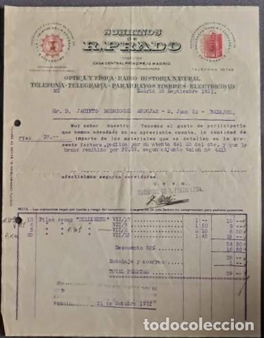 Faturas antigas: FActura. Sobrinos de R. Prado. Optica-F&iacute;sica-Radio-Telefon&iacute;a. Madrid. Espa&ntilde;a 1931