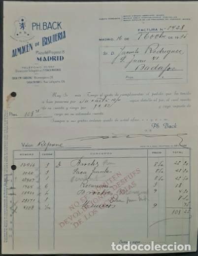 Alte Rechnungen: Factura. Ph. Back. Almac&eacute;n de bisuter&iacute;a. Madrid. Espa&ntilde;a 1935