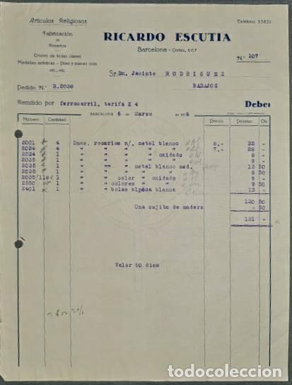 Alte Rechnungen: Factura. Ricardo Escutia. Art&iacute;culos religiosos. Barcelona. Espa&ntilde;a 1936