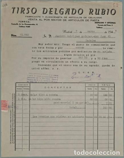 Alte Rechnungen: Factura. Tirso Delgado Rubio. Fabricante y Almacenista art&iacute;culos celuloide. Madrid. Espa&ntilde;a 1947