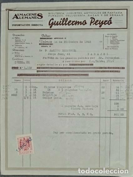 Alte Rechnungen: Factura. Guillermo Peyr&oacute;. Almacenes Alemanes. Bisuter&iacute;as, juguetes...Valencia. Espa&ntilde;a 1942