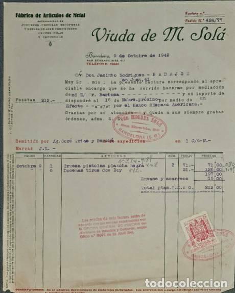Factures anciennes: Factura. Viuda de M. Sol&aacute;. F&aacute;brica de art&iacute;culos de Metal. Barcelona. Espa&ntilde;a 1942