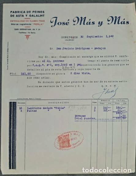 Factures anciennes: Factura. Jos&eacute; M&aacute;s y M&aacute;s. F&aacute;brica de peines de asta y galalith. Valencia. Espa&ntilde;a 1942