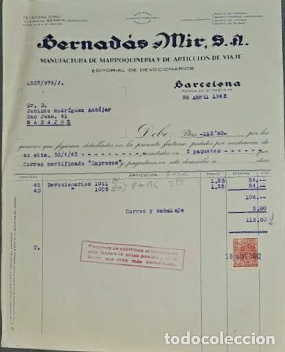 Factures anciennes: Factura. Bernad&aacute;s y Mir. Manufactura de Marroquiner&iacute;a. Barcelona. Espa&ntilde;a 1942