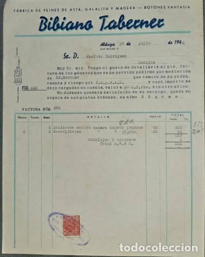 Factures anciennes: Factura. Bibiano Taberner. F&aacute;brica de peines de asta, Galalith y madera. Aldaya. Espa&ntilde;a 1942