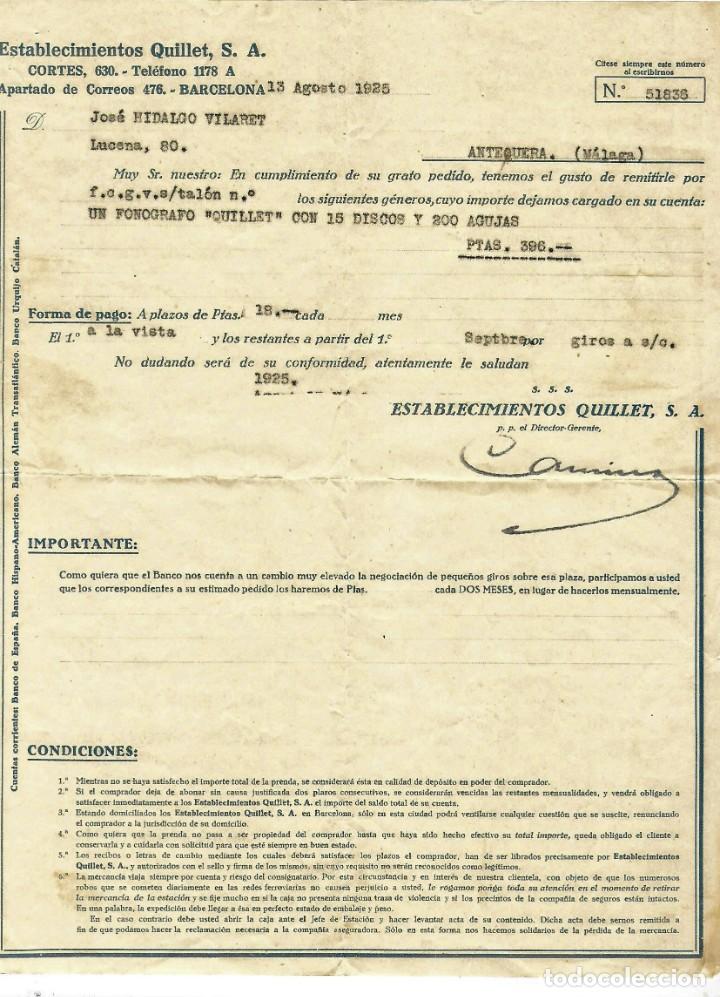FACTURA DE ESTABLECIMIENTOS QUILLET S.A. DE BARCELONA DEL AÑO 1925 POR VENTA DE UN FONOGRAFO A PLAZO (Coleccionismo - Documentos - Facturas Antiguas)