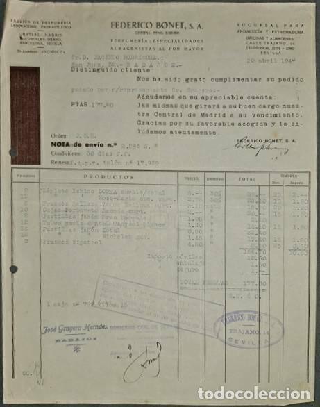 Alte Rechnungen: Factura. Federico Bonet S.A. Perfumer&iacute;a. Madrid. Espa&ntilde;a 1940