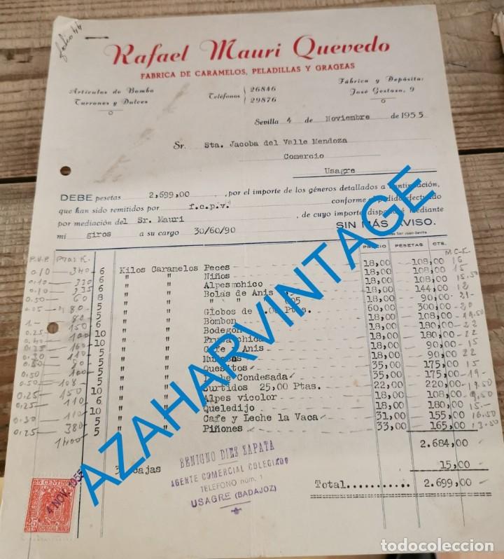 Facturas antiguas: SEVILLA, 1955, FABRICA DE CARAMELOS RAFAEL MAURI QUEVEDO