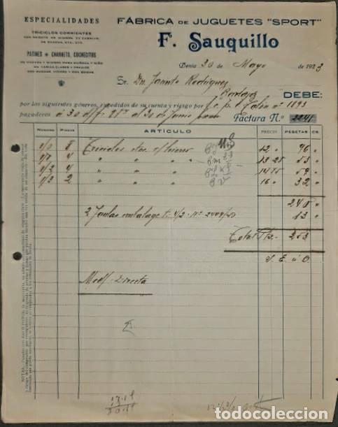 Old Invoices: Factura. F. Sauquillo. F&aacute;brica de juguetes Sport. Denia. Espa&ntilde;a 1923