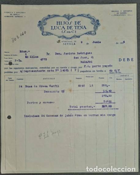Old Invoices: Factura. Hijos de Luca de Tena S.en C. Grandes f&aacute;bricas de jabones y aceites. Sevilla. Espa&ntilde;a 1934