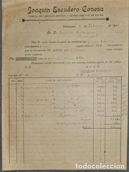 Old Invoices: Factura. Joaquin Escudero Conesa. F&aacute;brica de capazos, bolsos y objetos palma. Pedreguer 1941