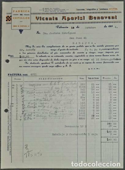 Factures anciennes: Factura. Vicente Aparisi Benavent. F&aacute;brica de cepillos. Valencia. Espa&ntilde;a 1934
