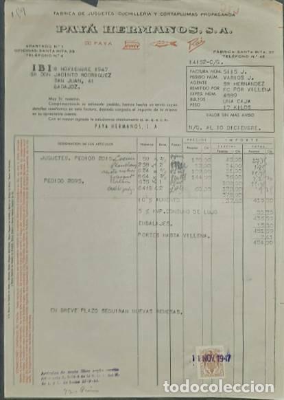 Facturas antiguas: Factura. Pay&aacute; Hermanos S.A. F&aacute;brica de juguetes, cuchiller&iacute;a y cortaplumas propaganda. Ibi 1947