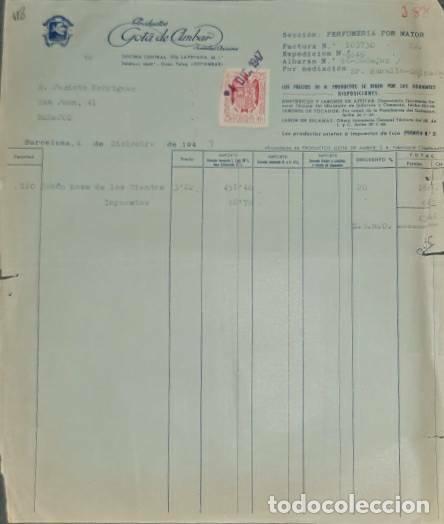 Facturas antiguas: Factura. Productos Gota de &aacute;mbar. Perfumer&iacute;as. Barcelona. Espa&ntilde;a 1947