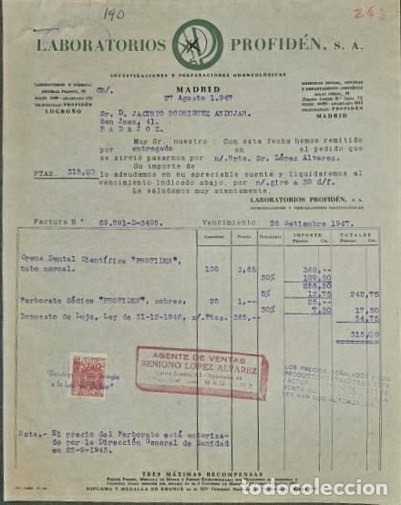 Old Invoices: Factura. Laboratorios Profid&eacute;n S.A. Investigaciones-Preparaciones Odontol&oacute;gicas. Madrid. Espa&ntilde;a 1947
