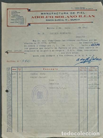 Old Invoices: Factura. Adolfo Solano Illan. Manufactura de piel. Murcia. Espa&ntilde;a 1940