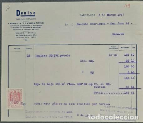 Old Invoices: Factura. DEnise. F&aacute;brica de perfumer&iacute;a. Badajoz. Espa&ntilde;a 1947
