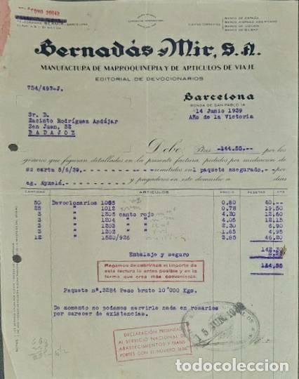 Old Invoices: Factura. Bernad&aacute;s y Mir. Manufactura de Marroquiner&iacute;a. Barcelona. Espa&ntilde;a 1939