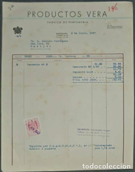 Old Invoices: Factura. Productos Vera. F&aacute;brica de perfumer&iacute;a. Barcelona. Espa&ntilde;a 1947