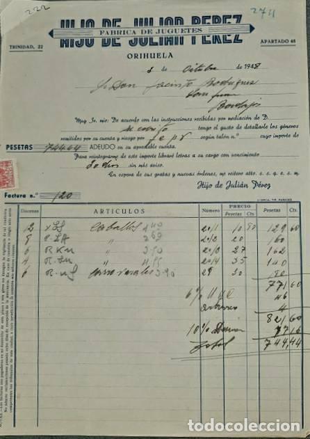 Old Invoices: Factura. Hijo de Julian P&eacute;rez. F&aacute;brica de juguetes de cart&oacute;n. Alicante. Espa&ntilde;a 1948