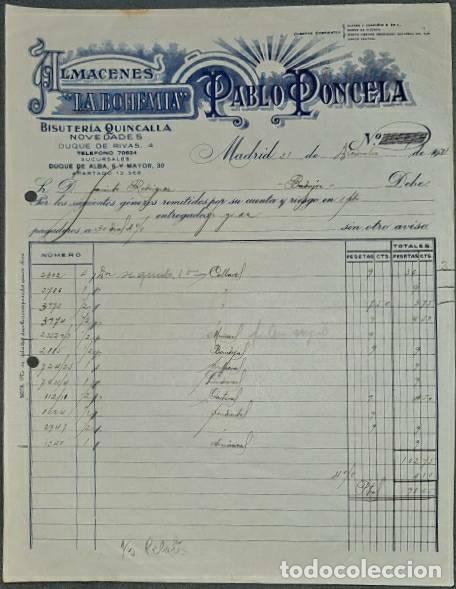 Old Invoices: Factura. Pablo Poncela. Almacenes La Bohemia. Bisuter&iacute;a-Quincalla. Madrid 1931