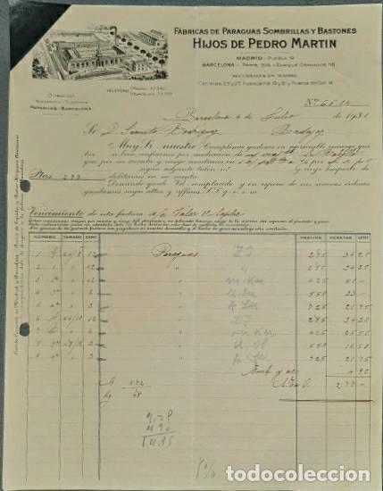 Facturas antiguas: Factura. Hijos de Pedro Mart&iacute;n. F&aacute;bricas de paraguas, sombrillas y bastones. Barcelona. Espa&ntilde;a 1931