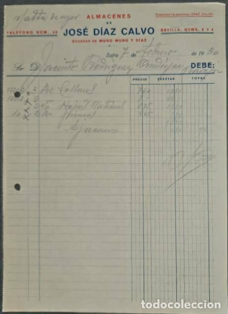 Facturas antiguas: Factura. Jos&eacute; D&iacute;az Calvo. Almacenes. Zafra. Espa&ntilde;a 1930