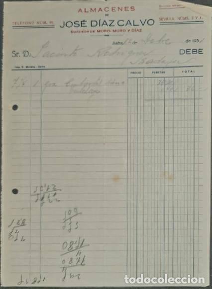 Facturas antiguas: Factura. Jos&eacute; D&iacute;az Calvo. Almacenes. Zafra. Espa&ntilde;a 1931