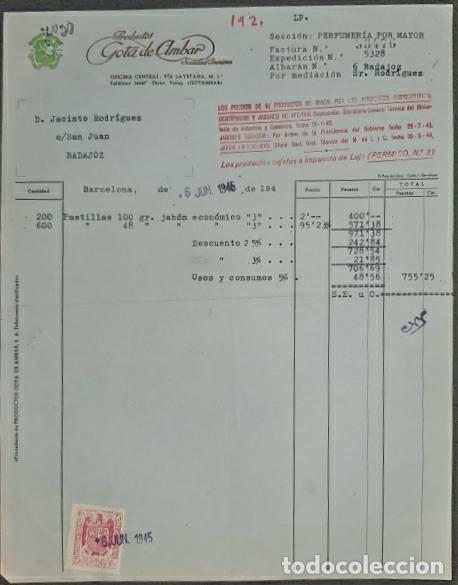 Facturas antiguas: Factura. Productos Gota de &aacute;mbar. Perfumer&iacute;as. Barcelona. Espa&ntilde;a 1945