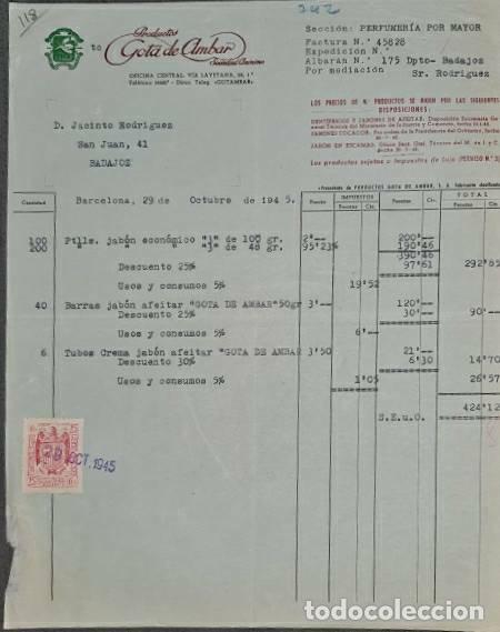 Facturas antiguas: Factura. Productos Gota de &aacute;mbar. Perfumer&iacute;as. Barcelona. Espa&ntilde;a 1945