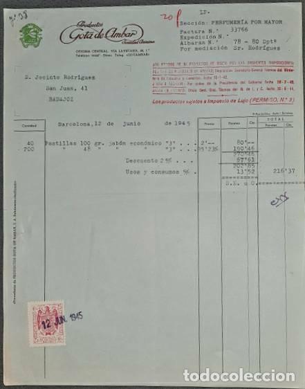 Facturas antiguas: Factura. Productos Gota de &aacute;mbar. Perfumer&iacute;as. Barcelona. Espa&ntilde;a 1945