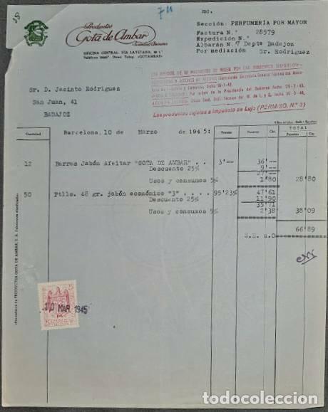 Facturas antiguas: Factura. Productos Gota de &aacute;mbar. Perfumer&iacute;as. Barcelona. Espa&ntilde;a 1945
