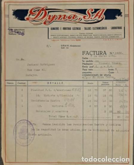 Old Invoices: Factura. Dyna S.A. Almacenes e Industrias el&eacute;ctricas. Guip&uacute;zcoa. Espa&ntilde;a 1941