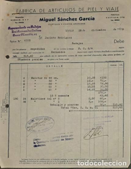 Old Invoices: FActura. Miguel S&aacute;nchez Garc&iacute;a. F&aacute;brica de art&iacute;culos de piel y viaje. Sevilla. Espa&ntilde;a 1939